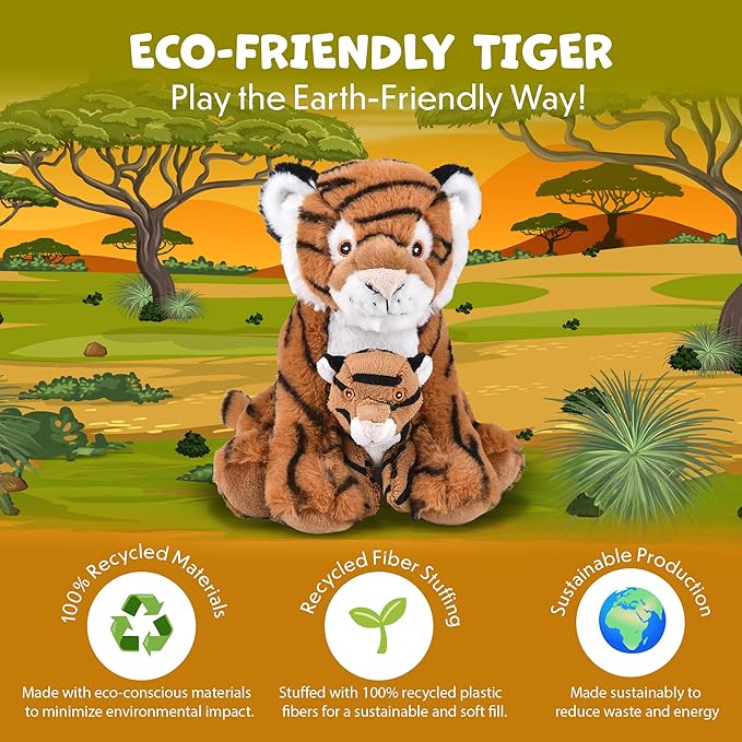 Mom and Baby Stuffed Animals for Boys & Girls, Safari Baby Shower Decorations, Nursery Decor, Zoo Animals for Toddlers, Quality Realistic Toys for Kids, Cute, Soft, Huggable, Squeezable (9.5" Tiger)