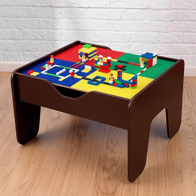KidKraft 2-in-1 Reversible Top Activity Table with 200 Building Bricks and 30-Piece Wooden Train Set, Espresso, Gift for Ages 3+