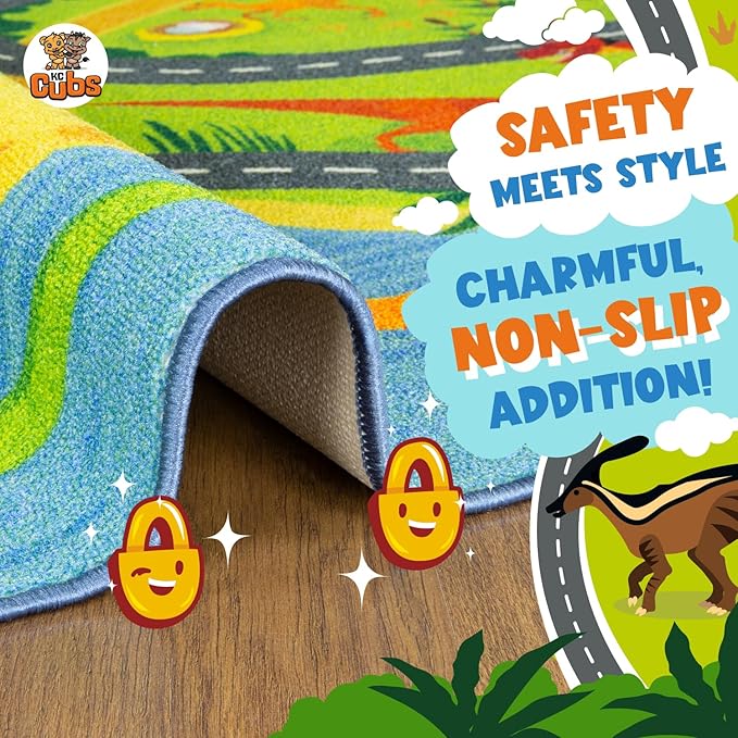 KC Cubs Dinosaur Dino Safari Road Map Learning & Game Area Carpet for Kids and Children Bedrooms and Playroom Educational Rug, 5 ft x 6 ft 6 in, Multi