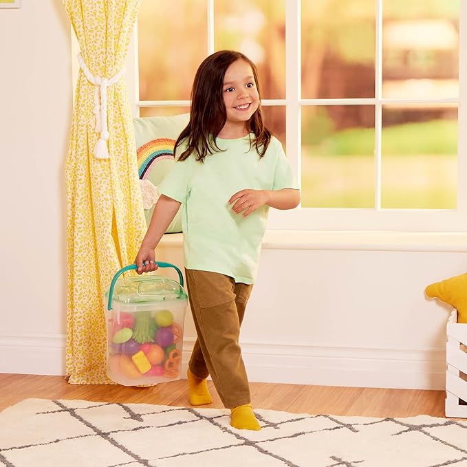 B. toys- Foodie Fun- Pretend Play Food & Board Book Set – 32 Pieces of Play Food – Educational Book for Toddlers – Storage Bucket with Lid – 2 Years +