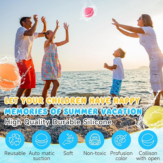 Reusable Water Balloons for Kids, 12Pcs Silicone Self-Sealing Refillable Water Balls Balloons, Summer Water Play Toys Splash Balls for Outdoor Games Backyard Lawn Beach Fun Games for Boys Girls