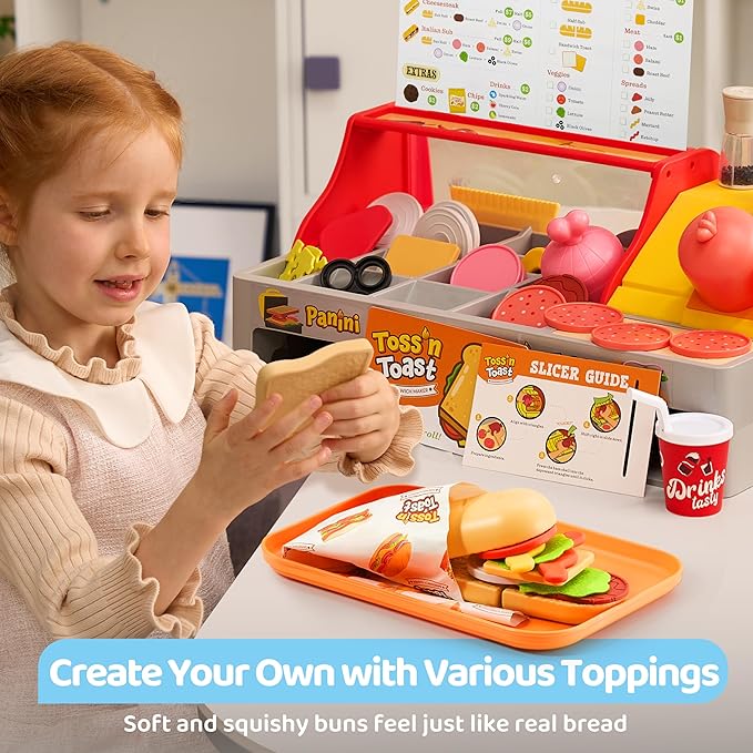Pretend and Play Food Toy for Kids Toddlers, Play Kitchen Accessories Include Sandwich Maker Toy with Slicer for Ham, Menu and Ingredients, Play Restaurant Food Toy for Girls Birthday Gift