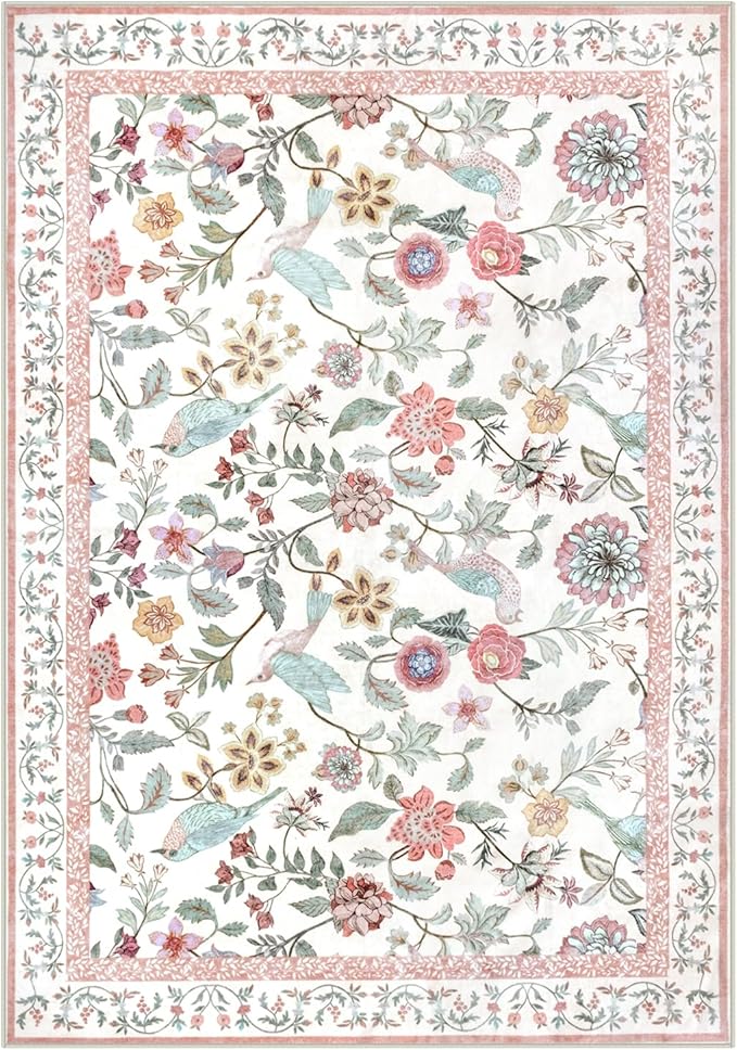 Floral Washable 8x10 Area Rug for Living Room, Soft Pink Large Girls Bedroom Non-Slip Low Pile Flower Birds Dining Room, Botanical Floor Carpet for Kids Classroom Office