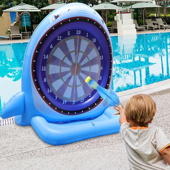 45" Large Inflatable Pool Toys Shark Dart Board with 8 Sticky Darts, Swimming Pool Floats Water Games for Kids Adults Family Summer Beach Yard Outdoor Play Cool Party Gift for Boys Girls 6-12 Years