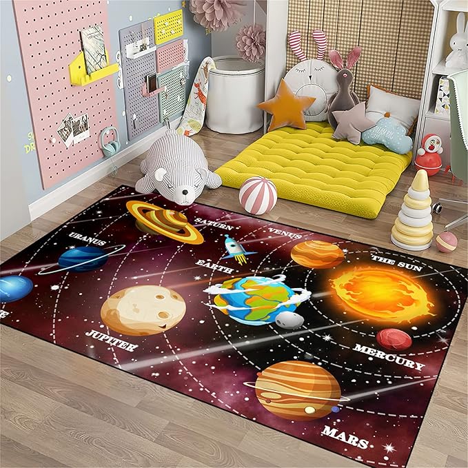 Universe Planet Area Rugs Outer Space Rugs for Boys Bedroom Educational Sofa Floor Mat Galaxy Solar System Theme Throw Rugs for Indoor Outdoor Carpets Crystal Polyester Mats Oversized, 4'5''×6'