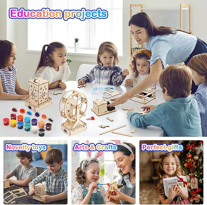 Poraxy 4 in 1 STEM Kits for Kids Ages 5-7 8-10 8-12,3D Wooden Puzzles, Science Project Model Craft Building Engineering Kit,STEM Toys for Ages 8-13,Birthday Gifts for Girls 6 7 8 9 10 11 12 Year Old