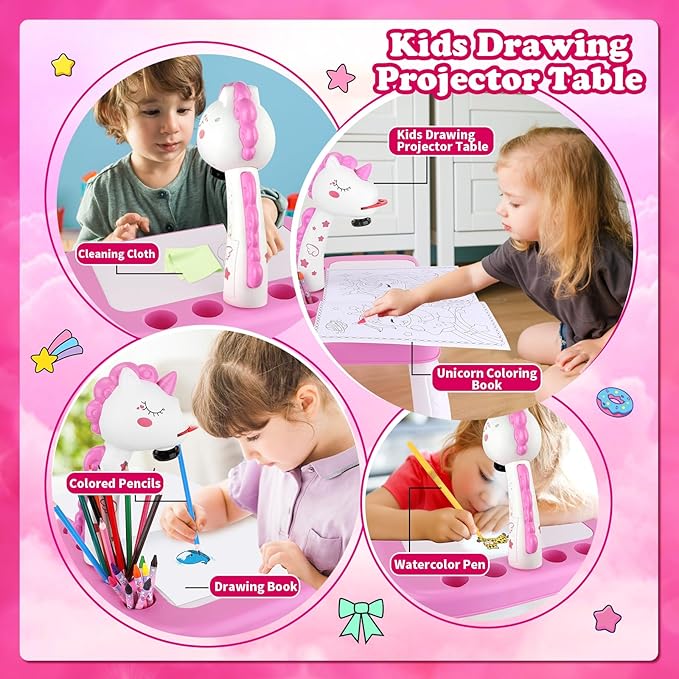 Drawing Projector for Kids, Art and Crafts, Drawing Board with Music, Color Pens, Pencils, Crayons, Scrapbook, Unicorn Sticker Book, Ideal Toy for 3+ Year Old Girls & Boys (Unicorn Kit)