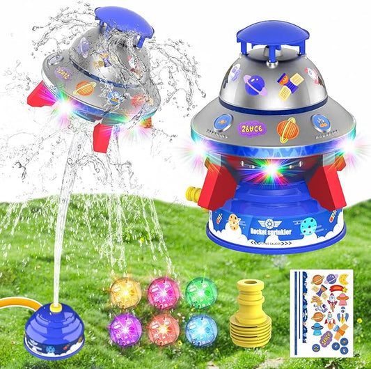 Outdoor Water Sprinkler Toys for Kids, Summer Water UFO Spaceship Rocket Sprinklers Launch Toys with Light, Ideal Holiday Backyard Lawn Yard Game Birthday Gift for Boys Girls 3 Years and Up (Blue)