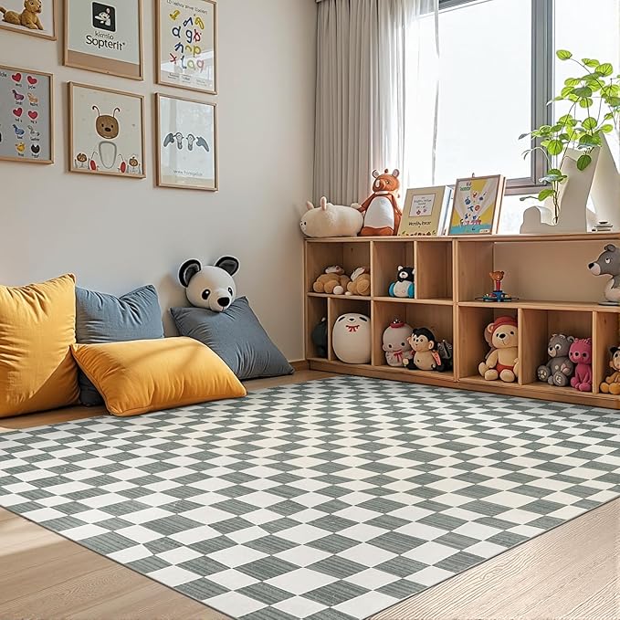 jinchan 5x7 Checkered Area Rugs for Kids Room - Machine Washable Soft Rug Modern Geometric Lattice Non-Slip Carpet for Nursery Playroom Living Room Bedroom Dining Room Home Office Grey