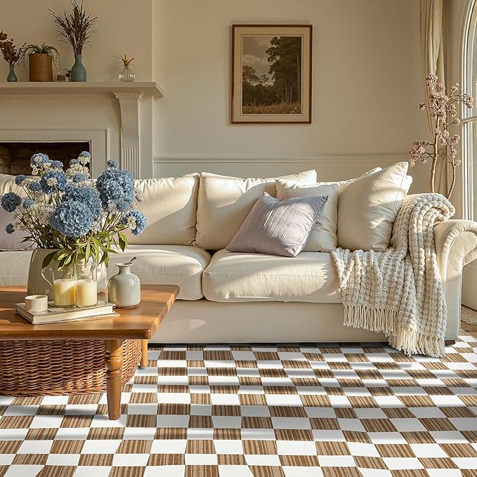 jinchan 5x7 Brown Checkered Area Rugs for Kids Room - Machine Washable Rug Modern Neutral Geometric Lattice Soft Non-Slip Carpet for Nursery Playroom Living Room Bedroom Dining Room Home Office