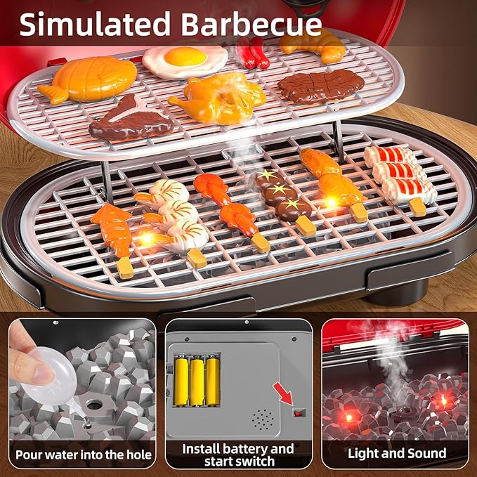 Kids Play Kitchen Toys, BBQ Grill with Smoke for Kids Ages 3 4 5 6 7, 2-Layer Barbecue Toys Play Food Set with Sound Light, Indoor Outdoor Cooking Toy for Boys Girls 3-5, Birthday Gifts