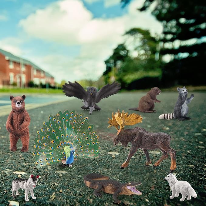Woodland Animals Figures Playset 9PCS Forest Animal Figurines Toys Set Plastic Animals Figure Bear,Peacock Crocodile,Arctic Fox Figure