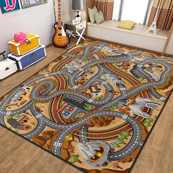 Kids Rug, Mountain Road Playmat Rugs - 5x7 Ft Kids Carpet with Rubber Backing, Cartoon Off-Road Mountain Highway Road Play Mat Nursery Rugs for Children Bedroom Playroom