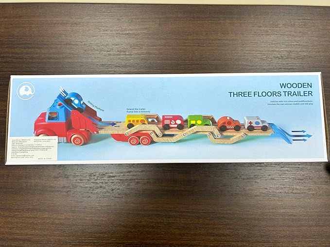 Toddler Toys for 2 3 4 5 Years Old Kids, Transport Car Carrier Truck Toy with 6 Wooden Vehicle, 30in Foldable Track Trailer with Light & Sound Effects, Best Gift Choice for Christmas, Birthday