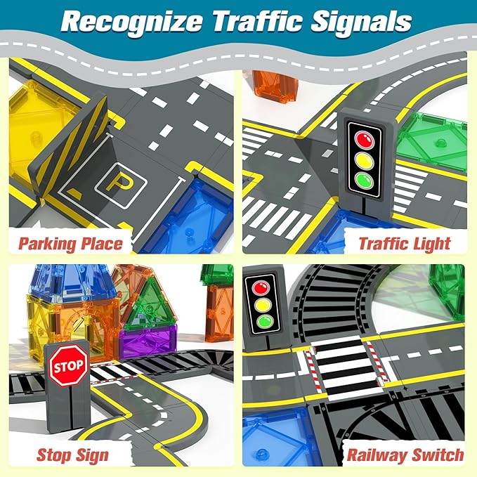 Magnetic Tiles Road Cars Toys Magnetic Building Blocks Boys Toys Road & Train Track Expansion Pack Magnetic Building Blocks Construction Toys Kids Toys for Ages 3-12 Boys Girls Building Toy