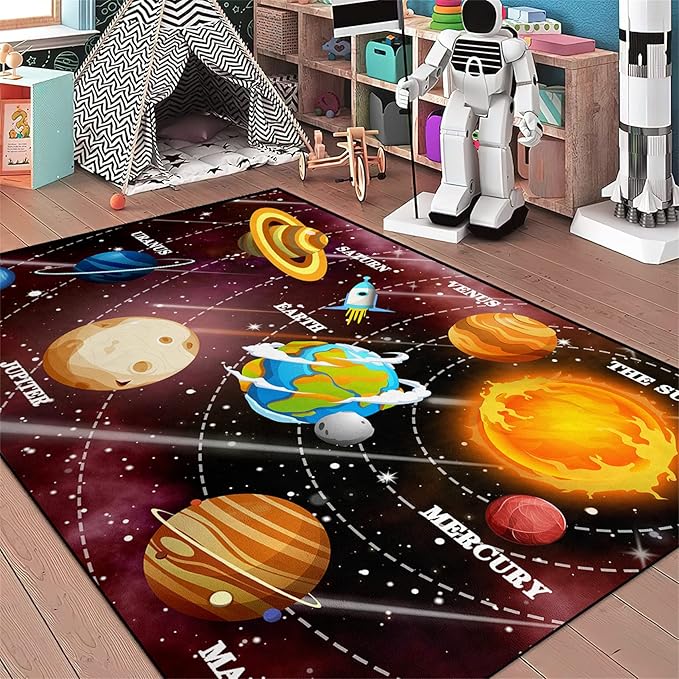 Universe Planet Area Rugs Outer Space Rugs for Boys Bedroom Educational Sofa Floor Mat Galaxy Solar System Theme Throw Rugs for Indoor Outdoor Carpets Crystal Polyester Mats Oversized, 4'5''×6'