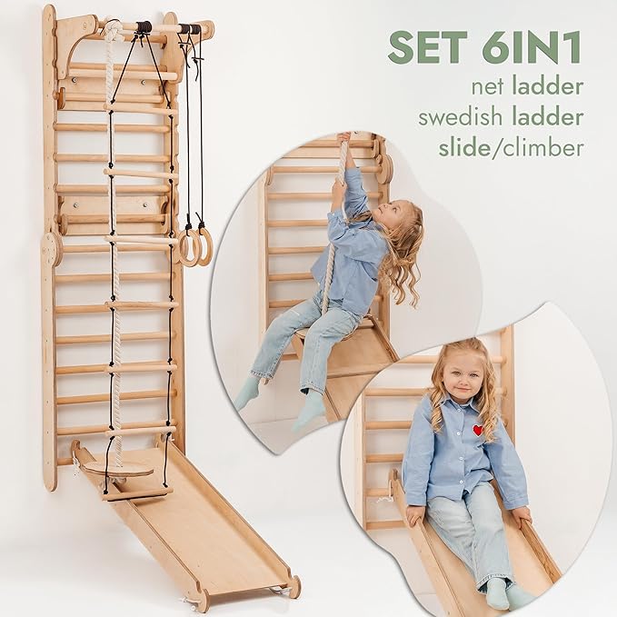 6-in-1 Indoor Playground for Kids – Wooden Swedish Wall, Climbing Ladder, Slide, Swing, Gymnastics Rings, Rock Climbing Wall – Jungle Gym Play Set for Ages 2-12
