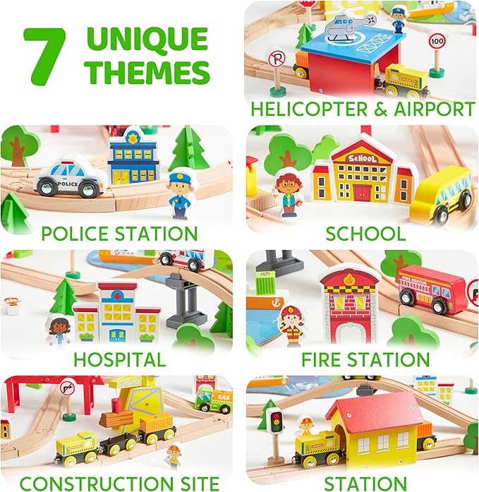 110PCS Wooden Train Set - Urban Journey, City Scene Railway Set with Magnetic Trains, Cars, Helicopter & Ship, Perfect Christmas Birthday Toy Gift for Kids Toddlers Boys Girls Ages 3-8