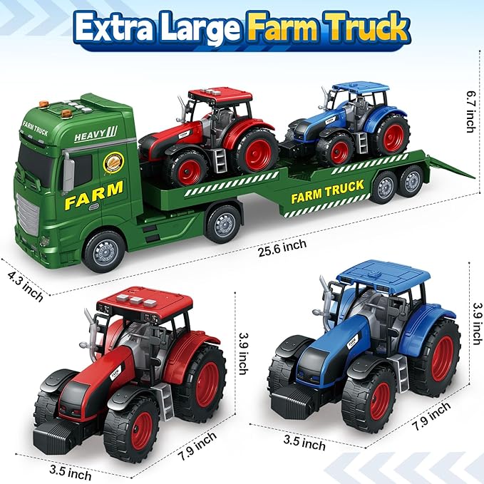 Toddler Boy Toys for 3 4 5 6 7 Years Kids, 25" Semi Flatbed Truck Toy with 2 Tractors, Friction Powered Vehicles Toys with Lights and Sounds, Birthday for Boy Girls