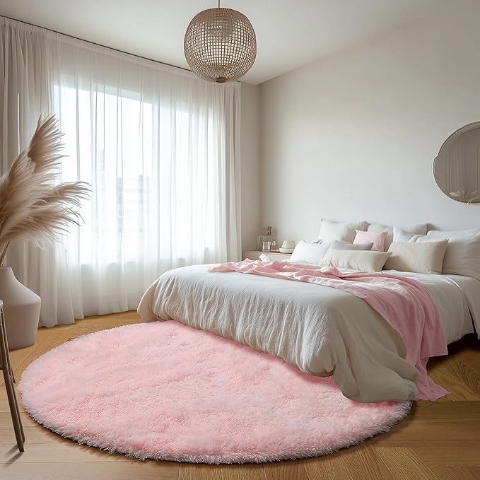 ONASAR Light Pink Round Area Rugs 6ft for Bedroom Living Room, Washable Fluffy Circle Rug for Kids Girls Boys Teen, Soft Plush Shaggy Carpet for Nursery Dorm Classroom Playroom Home Decor Aesthetic