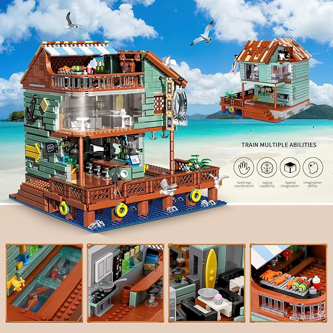 Harbour Restaurant House Mini Bricks Building Kit, Ideas Creative Architecture Building Toys Birthday Gift for Adult Boys Girls -2096 Pieces (Not Compatible with Lego Set)