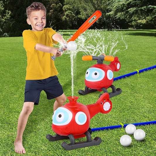 2 in 1 Outdoor Water Toys, Sprinkler for Kids Helicopter Tee Ball Set Kids Water Toys, Toddler Summer Toys Backyard Games for Kids Ages 3-12, Baseball Gifts Outside Toys for Toddlers Boys, Girls