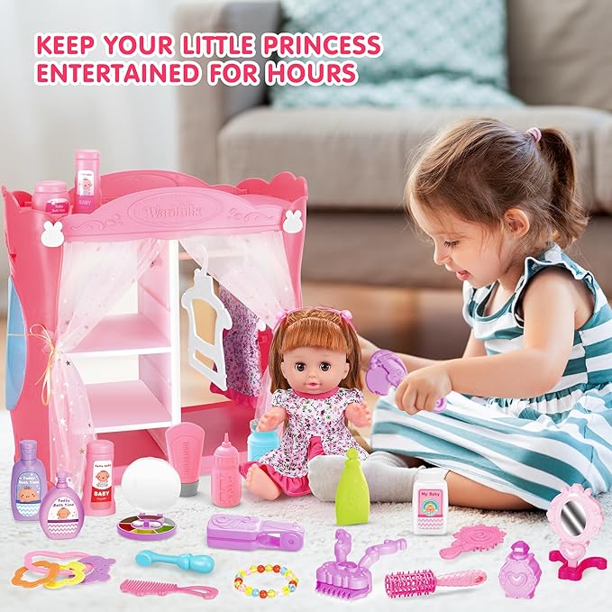 14" Baby Doll Toys Playset with Wardrobe Bed, 37PCS Beauty Hair & Baby Doll Care Toy Set, Toddler Toy Pretend Play Doll Incl Hair Salon Kit, Doll Clothes, Baby Gift for 3 4 5 6+ Year Old Girl Toy