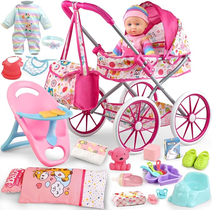 Baby Doll Stroller Toys Set with 12.5" Baby Doll,Dining Chair,Quilt Pillow,24 PCS Baby Doll Accessories and 2 Sets Doll Clothes,Baby Stroller Toys for Girls Toddlers 3-5 4-6 5-7 Gifts for Pretend Play