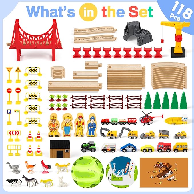 118Pcs Wooden Train Set for Kids, Wood Train Track Set Train Railway Accessories Toy Train Sets for Boys and Girls Gifts Ages 4 5 6 7 8 - Compatible with All Major Brands