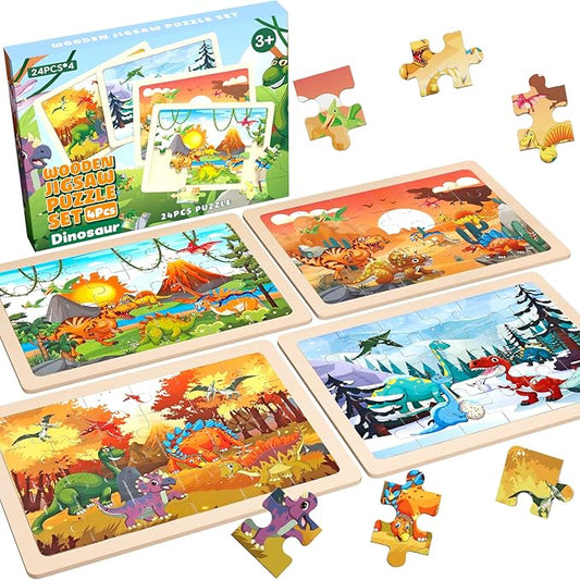 4 Pack Dinosaur Wooden Puzzles for Kids Ages 3-8 - 24-Piece Toddler Puzzles with Seasons - Educational Montessori Dino Toys for Boys Girls - Birthday Christmas Easter Gift for Kids 3 4 5 6 7 Year Old