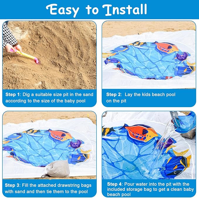 6.5 X 6.5 Ft Baby Beach Pool, 2 in 1 Portable Kids Beach Play Pool Puddle Toddler Beach Blanket and Kiddie Pools Blue Cartoon Childs Sand Pit Paddling Pools with Water Bag for Boy Girl Outdoor Camping