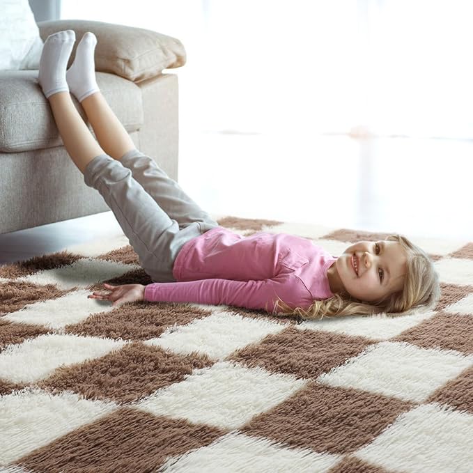 KICMOR 4x6 Brown and Cream White Area Rugs for Bedroom, Fluffy Shag Shaggy Fuzzy Checkered Living Room Rug, Soft and Comfy Bedside Carpet, Furry Plush Rug for Kids Room Nursery Home Decor Aesthetic