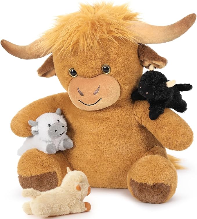 MorisMos Highland Cow Stuffed Animal Mommy with 3 Babies, 18" Scottish Cow Plush Toy Realistic Cattle Plushie Doll Home Farm Decor Gift for Kids Boys Girls