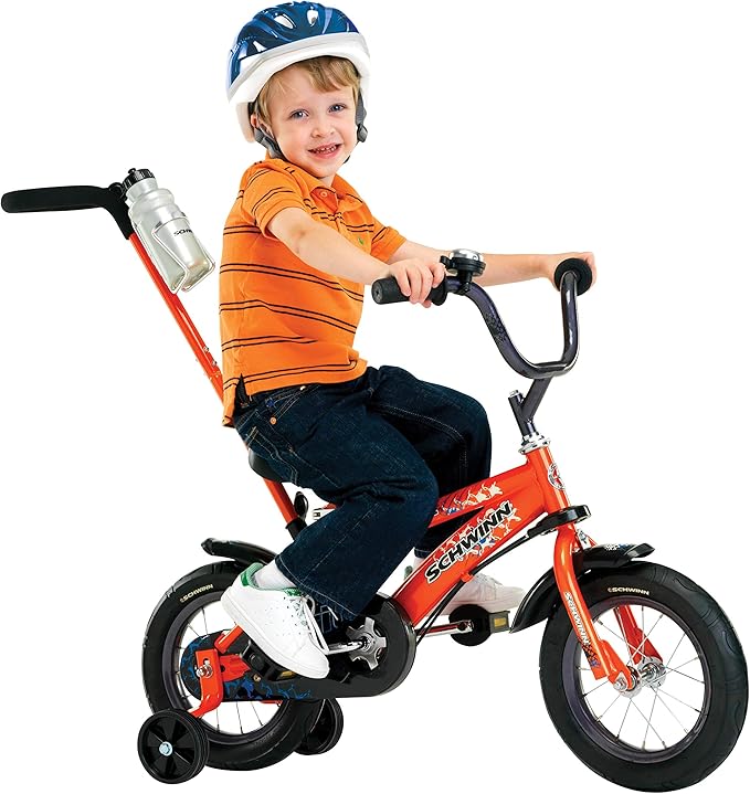 Schwinn Grit and Petunia Push Steer and Ride Kids Bike, For Boys & Girls Ages 2-4 Year Old, Rider Height 28-38 Inch,12-Inch Wheels, Training Wheels, Detachable Push Handle with Water Bottle & Holder