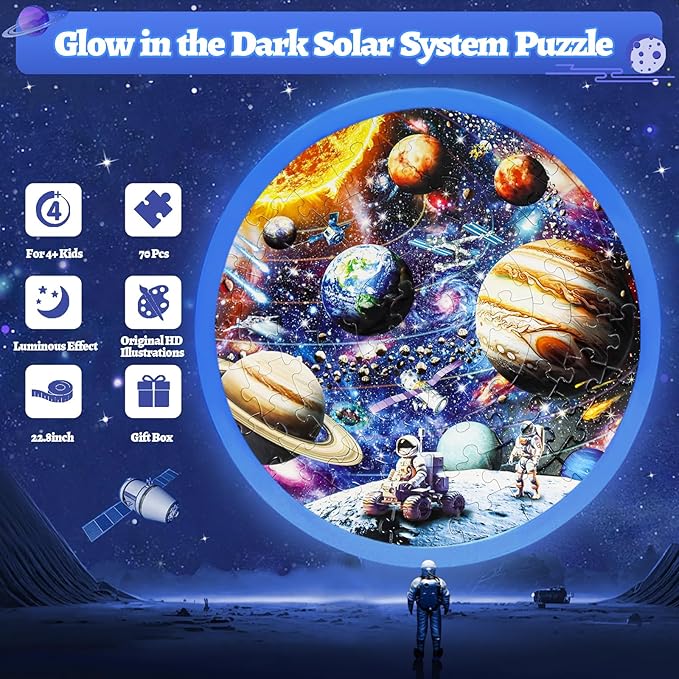 Glow in The Dark Solar System Jigsaw Puzzles for Kids Ages 4-8, 70 Pieces Kids Space Planet Floor Puzzle Toys Ages 8-10, Large Round Educational Puzzle Toys Gifts for Boys Girls Children