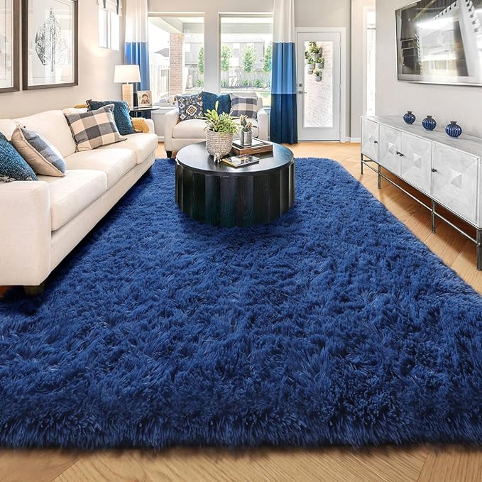 Amdrebio Navy Blue Area Rugs 8x10 for Living Room Boys Bedroom, Large Shag Fluffy Furry Plush Rug for Baby Kids Room Decor Aesthetic, Cool Royal Dark Blue Carpet for Nursery Classroom Dorm Playroom