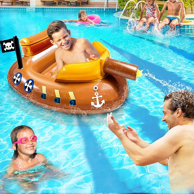 Pirate Ship Pool Floats Toys for Kids 3-11 Years with Water Squirt Guns, Inflatable Ride-On Swimming Pool Toys Floaties for Kids Boys Girls, Toddler Battle Pool Float Outdoor Summer Water Party Game