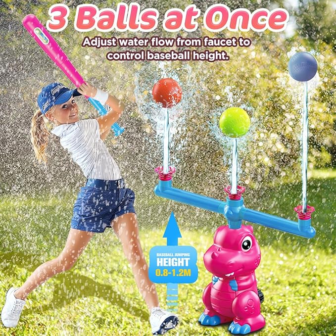 4-in-1 Dinosaur Water Sprinkler Baseball Toys, 360° Roating Spray Water Play Game, Water Splashing Toy for Kids Outdoor, Summer Backyard Lawn Pool Party Fun for Boys Girls (Pink)