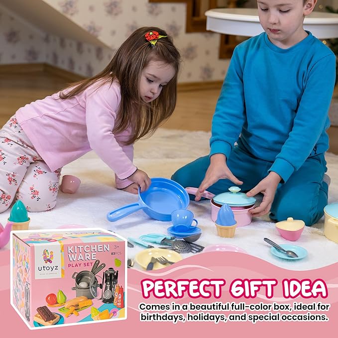 uToyz Kitchenware Playset – 83pcs Toddler Play Food Sets for Kids Kitchen Playset, Mini Toddler Cooking Set with Play Kitchen Accessories & Toy Food, Cooking Toys with Toy Pots & Pans for Kids Ages 3+