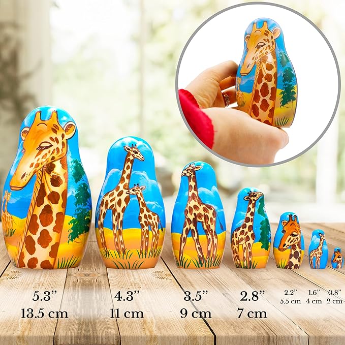 Giraffe Nesting Dolls Set of 7 pcs - Matryoshka Doll with Decorative Giraffe Figurines - Giraffe Stuff - Giraffe Gifts - Wood Giraffe Decor - Giraffe Wood Craft