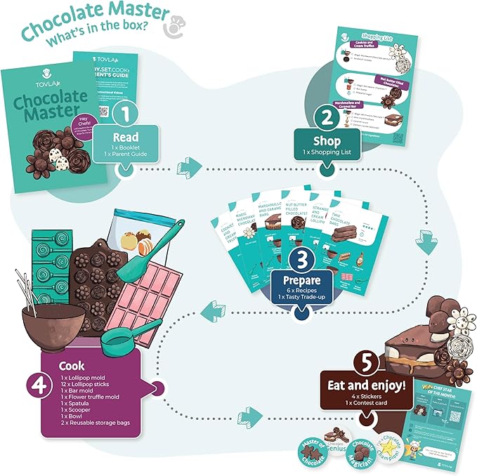 Tovla Jr. Real Chocolate Making Kit for Kids | Learn to Cook with Real Tools | Educational STEM Gift Set Ages 4+ | DIY Chocolate Activity with Visual Recipes for Boys & Girls