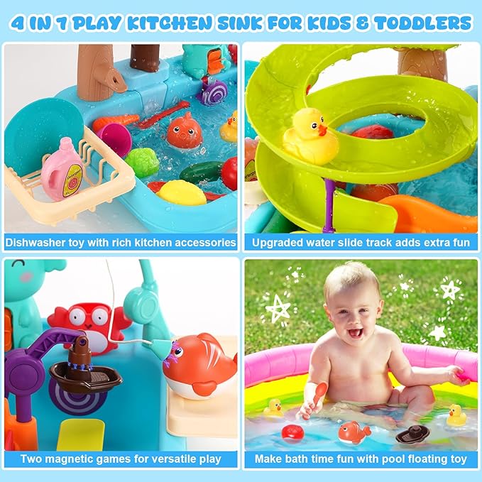4-in-1 Kitchen Sink Toy with Upgraded Water Slide Track, Magnetic Fishing Game Floating Toys for Water Play, Pretend Play Dishwasher for Kids Toddlers 1-3 3-8 (Blue)