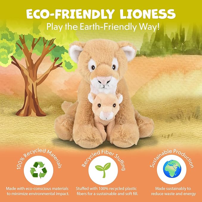 Mom and Baby Stuffed Animals for Boys & Girls, Safari Baby Shower Decorations, Nursery Decor, Zoo Animals for Toddlers, Quality Realistic Toys for Kids, Cute, Soft, Huggable, Squeezable (9.5" Lioness)