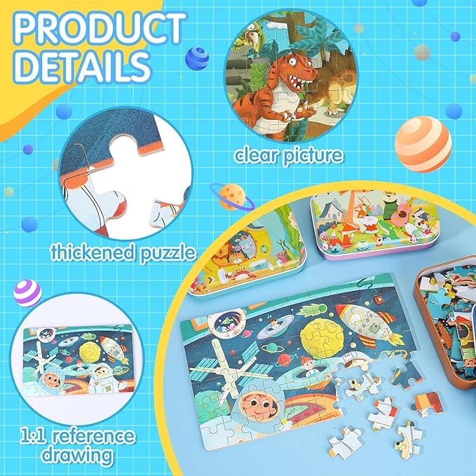 Libima 9 Boxes Party Favors Jigsaw Puzzles in a Metal Box for Age of 4-8 Wooden Puzzle for Ages 4-8 Boys and Girls Learning Educational Toys 9 Styles(Delicate Style)