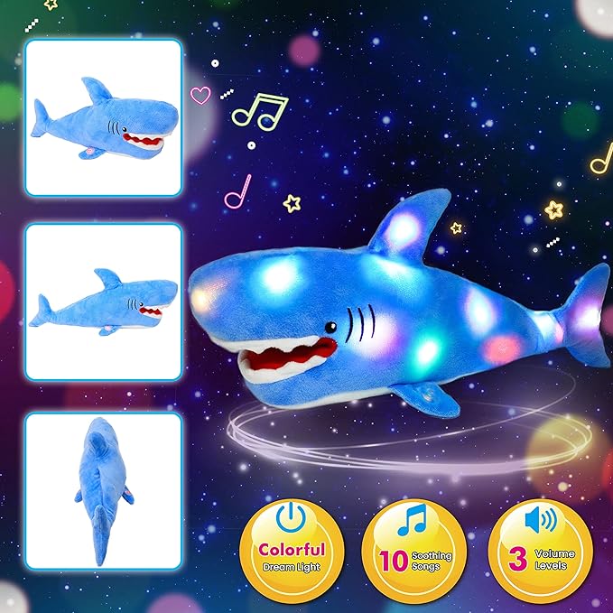 Cuteoy Shark LED Musical Stuffed Animal Light-up Singing Plush Adjustable Volume Lullaby Plushies Birthday Christmas Toy Gifts for Kids Toddler Girls, 13"