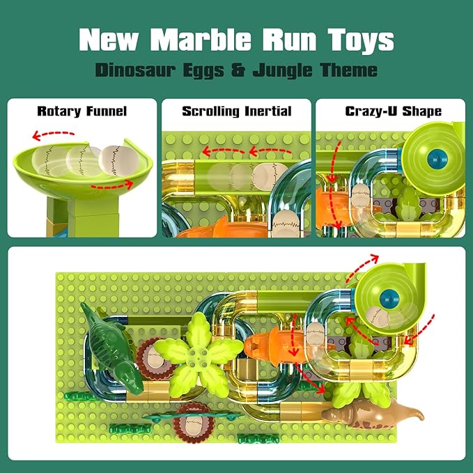 Dinosaur Marble Runs for Kids 4-8 Building Blocks/125Pcs Classic Big Blocks Compatible with LEGO DUPLOS for Age 2-5/Montessori Learning STEM Toys/Toddler Marble Maze Gift Toy for Kids Age 3,4,5,6,7,8+