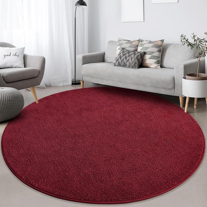 FlyDOIT Round Area Rugs for Bedroom Living Room, 6x6 Rose Red Super Soft Comfy Thickened Memory-Foam Indoor Circle Carpets, Modern Aesthetic Minimalist Carpet for Boys Girls Adults Nursery Home Décor
