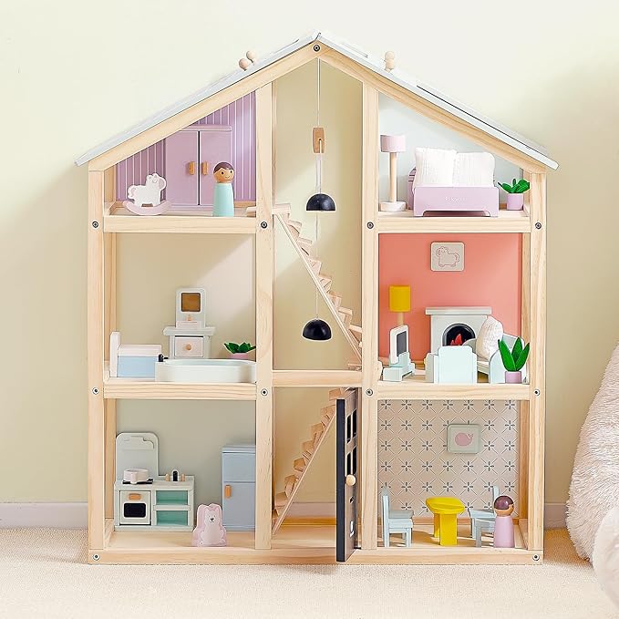 Wooden Dollhouse, Doll House with 38Pcs Furniture Accessories,3 Story Large Doll House, 6 Rooms Pretend Dollhouse, Gift for Girl Ages 3+