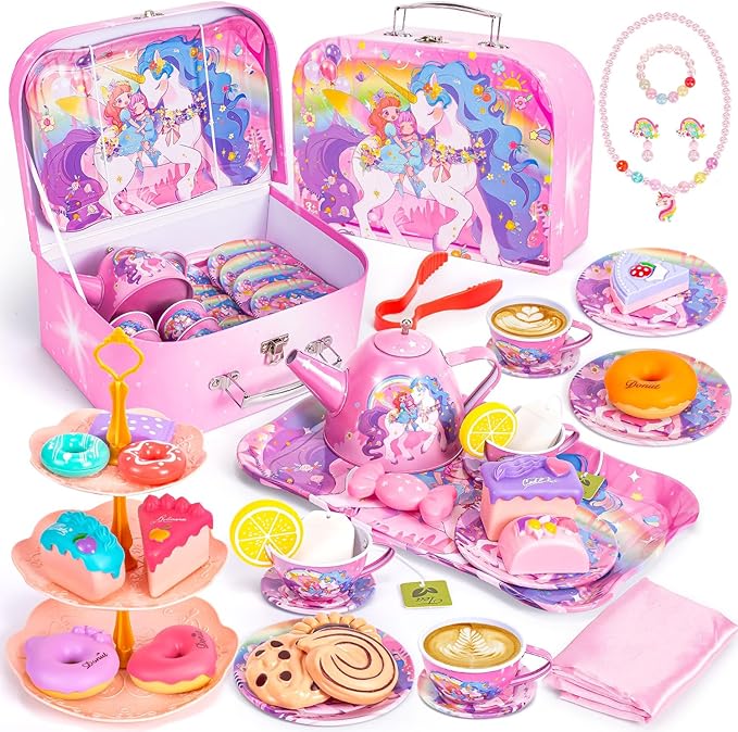 Unicorn Tea Party Set for Little Girls, Toddler Princess Toy Tea Set, Pretend Play Teapot Dessert Tea Cup Set Food Kitchen Playset, Birthday Unicorn Gift for 3 4 5 6 7 8 Year Old Girl