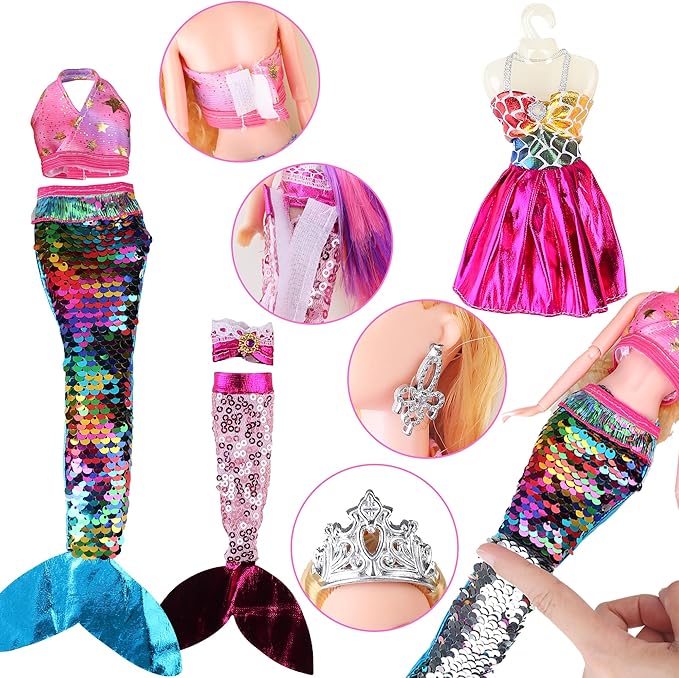Magical Mermaid Dolls Set for Girls 4-7 - Princess Twin Dolls with Color-Changing Purple Dolphin, Summer Outfits & Sparkling Accessories (Crown, Flip Scales, Starfish Comb) Water Play Birthday Gift